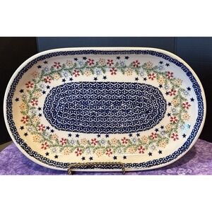 Polish Pottery Manufaktura Oval Serving Platter Blue Stars Evergreen Christmas